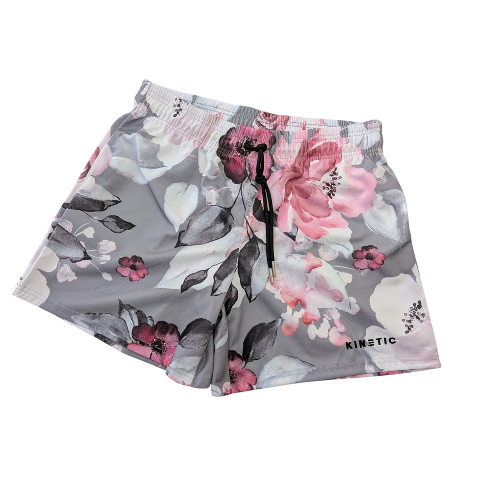 Kinetic Floral Athletic Shorts Men's Medium Gray Pink Mesh Lined Drawstring Gym